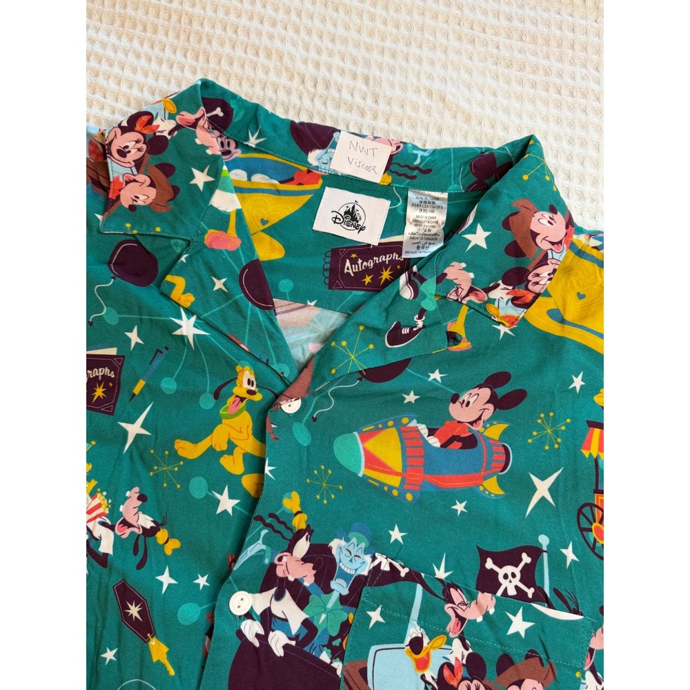 Disney Button Down Shirt Mens 3XL Teal Mickey Mouse Theme Park Autograph NWT